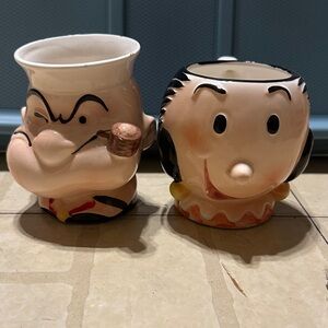 Vintage 80s Cartoon Popeye and Olive Oyl Ceramic Mug Set